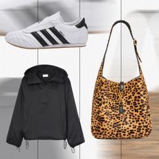 A collage of product flats, including a Saint Laurent leopard bag, Adidas sneakers, and a The Row jacket, on a designed background