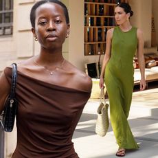 fashion collage featuring two style influencers Sylvie Mus and Jessica Skye wearing a green sleeveless dress and a brown one-shoulder dress