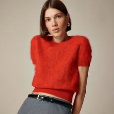 J.Crew model wearing red brushed cashmere T-shirt.