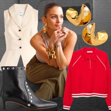 collage of Los Angeles fashion stylist Serra Geris posing wearing statement yellow-gold jewelry, a neutral tank top, and olive green pants alongside Nordstrom picks like a cream Reformation vest top, Madewell black studded ankle boots, red mango polo sweater and Cult Gaia pearl and gold chunky earrings